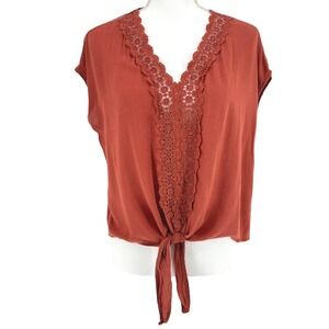 Alice Rose Rust Lace Trim Tie Front Boho Blouse V Neck Festival Top S